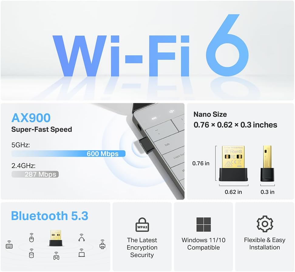 2-In-1 USB Bluetooth Wifi Adapter Archer TX10UB Nano | AX900 Wifi 6 BT 5.3 USB 2.0 Adapter for Desktop PC | Dual-Band Wifi Dongle | OFDMA, MU-MIMO, WPA3 | Travel Size | Supports Windows 11,10